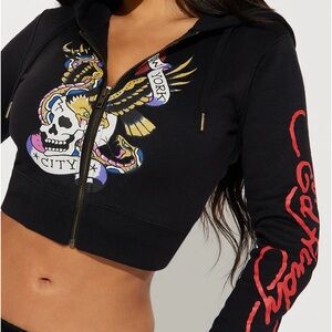 Ed Hardy NYC Black Zip Crop Hoodie